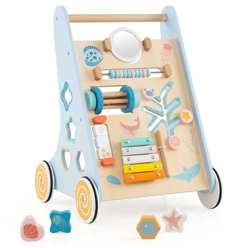 BABY JOY Wooden Baby Walker, Push and Pull Learning Activity Center, Montessori Walker Toy with Wheels, Push Toy for Toddlers, Boys and Girls 1+ Years Old