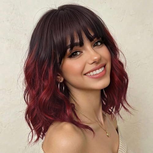 Image of Nnzes Ombre Red Wig with Bangs for Women Bob Wavy Synthetic Wigs with Natural Shoulder Length Curly Heat Resistant Hair for Daily Party Use