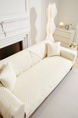 Image of HOMETHREADS Premium Cotton Sofa Cover Mat with PVC Backing for Non-Slip Comfort (Cream, 1 Seater | 70x70cm)