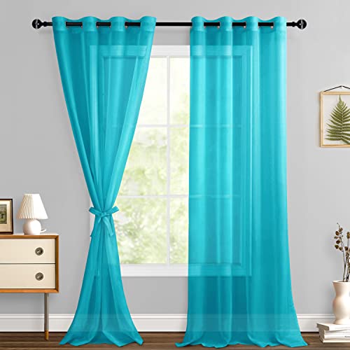 Hiasan Sheer Curtains with Tieback, Turquoise, W52 x L90, 2 Panels