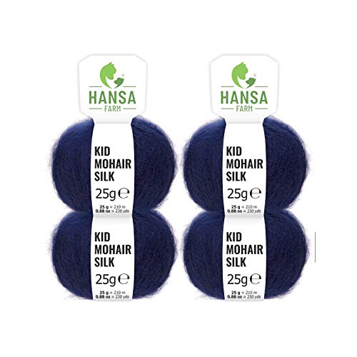 HANSA-FARM Laine Kid Mohair Premium avec Soie dans 20 Couleurs - Kit de 100g (4 x 25g) - 72% de Mohair, 28% de Soie - Laine de Haute qualité pour Tricot et Crochet de Bleu foncé Cover
