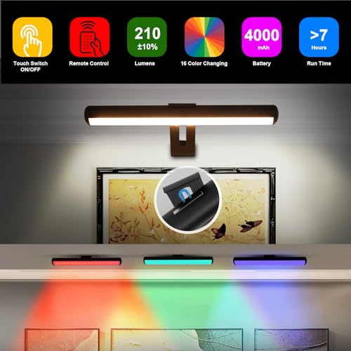 Image of Picture Light, Battery Operated Picture Light with Remote, Rechargeable Picture Frame Light, 32 LED, 16 Color Changing, Art Light for Paintings for Display, Picture-Black