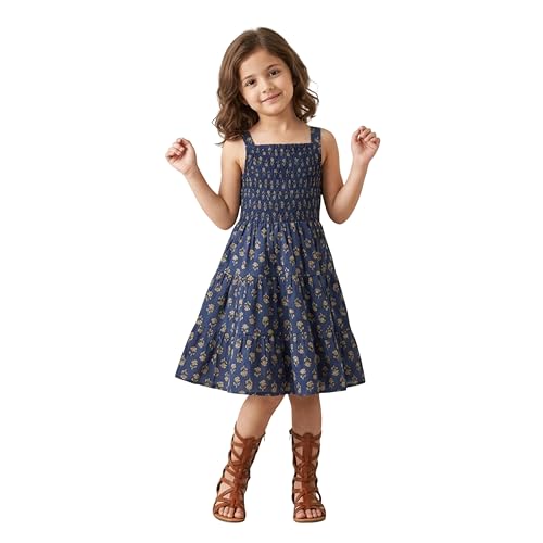 Image of The Magic Wand Kids Girls Printed Cotton Summer Dresses, Knee Length Sleeveless Casual Western Stylish One Piece Fit & Flared Frock for Beach & Vacations