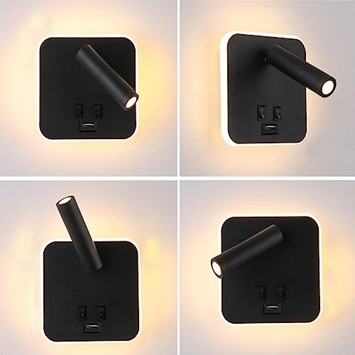 Image of USB Charging Port Wall Wash Light Black Bed LED with Interior Wall Adjustable Spotlight Reading lamp Wall lamp Bedroom Indoor Bedside Lamp 3000K (3W + 10W)
