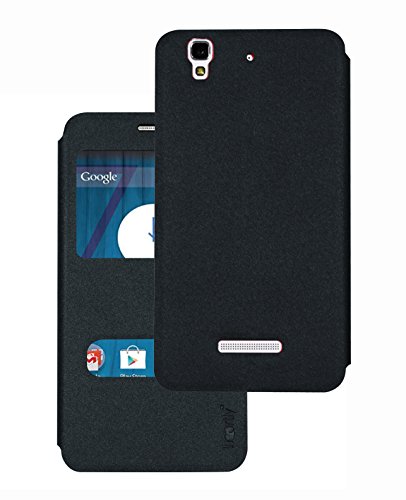 Image of Heartly Gold Sand Sparkle Luxury PU Leather Window Flip Stand Back Case Cover for Yu Yureka /Yureka Plus Cyanogen mod - Best Black