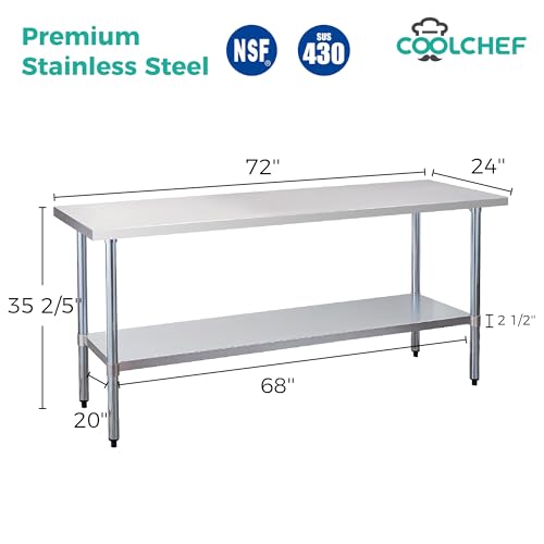 Image of COOLCHEF Stainless Steel Work Table 24 x 72 Inch, NSF Commercial Prep Table with Undershelf, Heavy Duty Food Prep Workstation