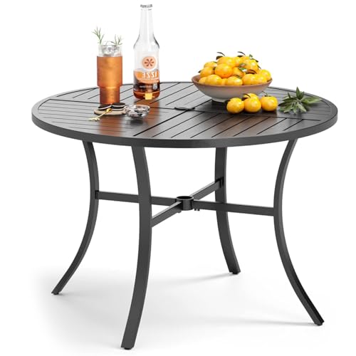 PHI VILLA Outdoor Round Dining Table for 4, 42" Large Metal Wrought Iron Table with Umbrella Hole, All Weather Dining Furniture for Patio, Deck, Yard, Porch - Black