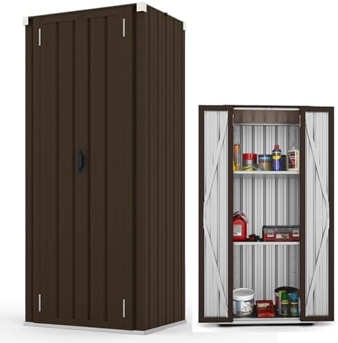 YODOLLA Tall Weatherproof Metal Garden Storage Cabinet Cupboard, Borwn