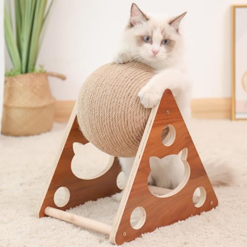 猫爪とぎ 仙人球 サボテン 爪研ぎ 爪みがき 猫おもちゃ つめ磨き器 球形 天然麻ひも ストレス解消 運動不足解消 可愛い 麻縄 (L,木の色)