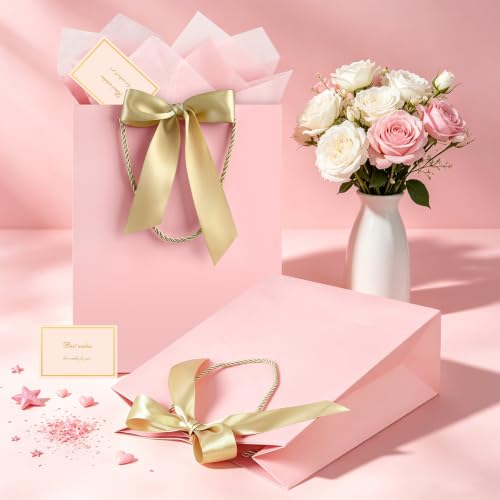 Image of JMANNI Pink Day Gift Bag, 1PCS 13 inch Gift Bags with Ribbon and 1 Greeting Cards 2 Tissue Paper, Portable Paper Gift Bag with Handles,Present Bags for Birthday Wedding Party Mothers Day