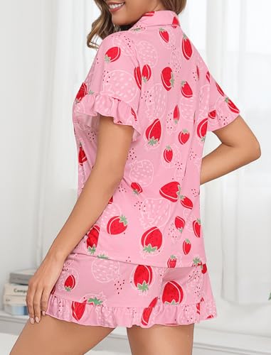 Image of SWOMOG Woman Pajama Set Short Sleeve Pjs Set 2Pcs Short Pajamas Button Down Ruffle Hem Sleepwear Soft Modal Loungewear