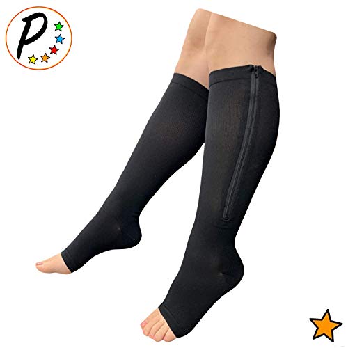 Image of Presadee Petite Open Toe 15-20 mmHg Moderate Zipper Compression Leg Calf Socks (Black, 2X-Large)