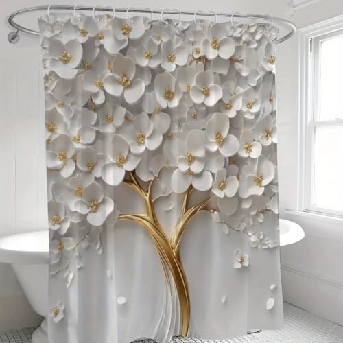 Rideau de douche arbre fleurs blanches imperméable et anti-moisissure
