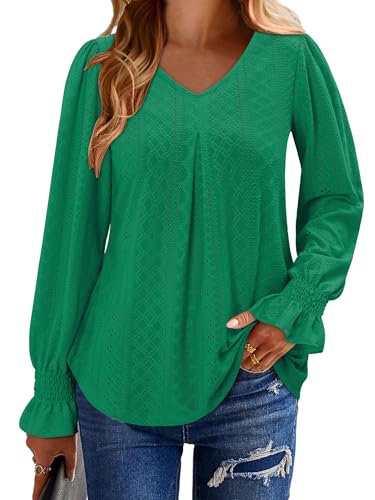 KISSMODA Long Sleeve Fall Shirts For Women V Neck Tunic Tops Embroidered Button Down Knitted Blouses 2025