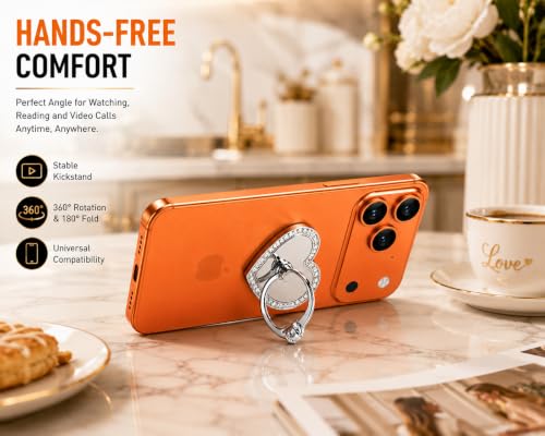 Image of Mizi 2Pack Bling Heart Phone Ring Holder Stand, 360 Rotating & 180 Foldable Finger Grip Kickstand - Strong 3M Adhesive, Zinc Alloy Phone Ring-Smartphones & Tablets, Sparkly Diamond Design - Silver