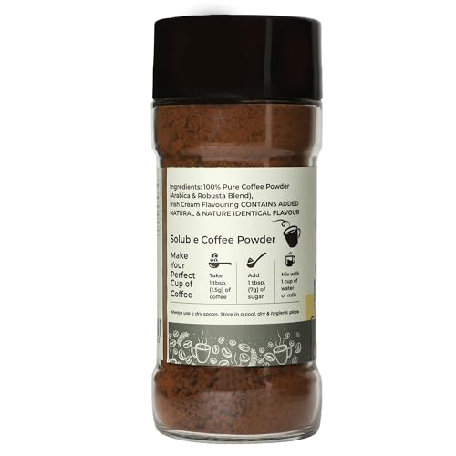 Image of Evora Greens Irish Cream Flavoured Instant Coffee | Arabica & Robusta Blend | Cafe Style Creamy Taste | Hot, Cold & Black Coffee | Makes ~50 Cups | 100g Glass Jar