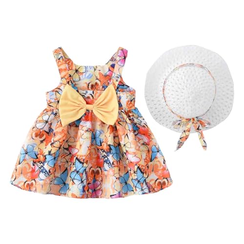 Baby Mädchen ärmelloses Kleid Geburtstagsparty Prinzessin Kleider Rundhalsausschnitt Blumendruck Kleid Sommer Partykleider Strandkleid mit Strohhut Strandkleidung