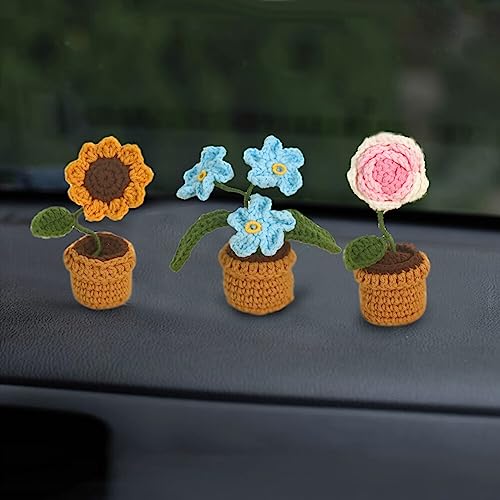 Mini enfeite de flor em vaso de crochê tricotado painel de carro acessórios interiores decoração de