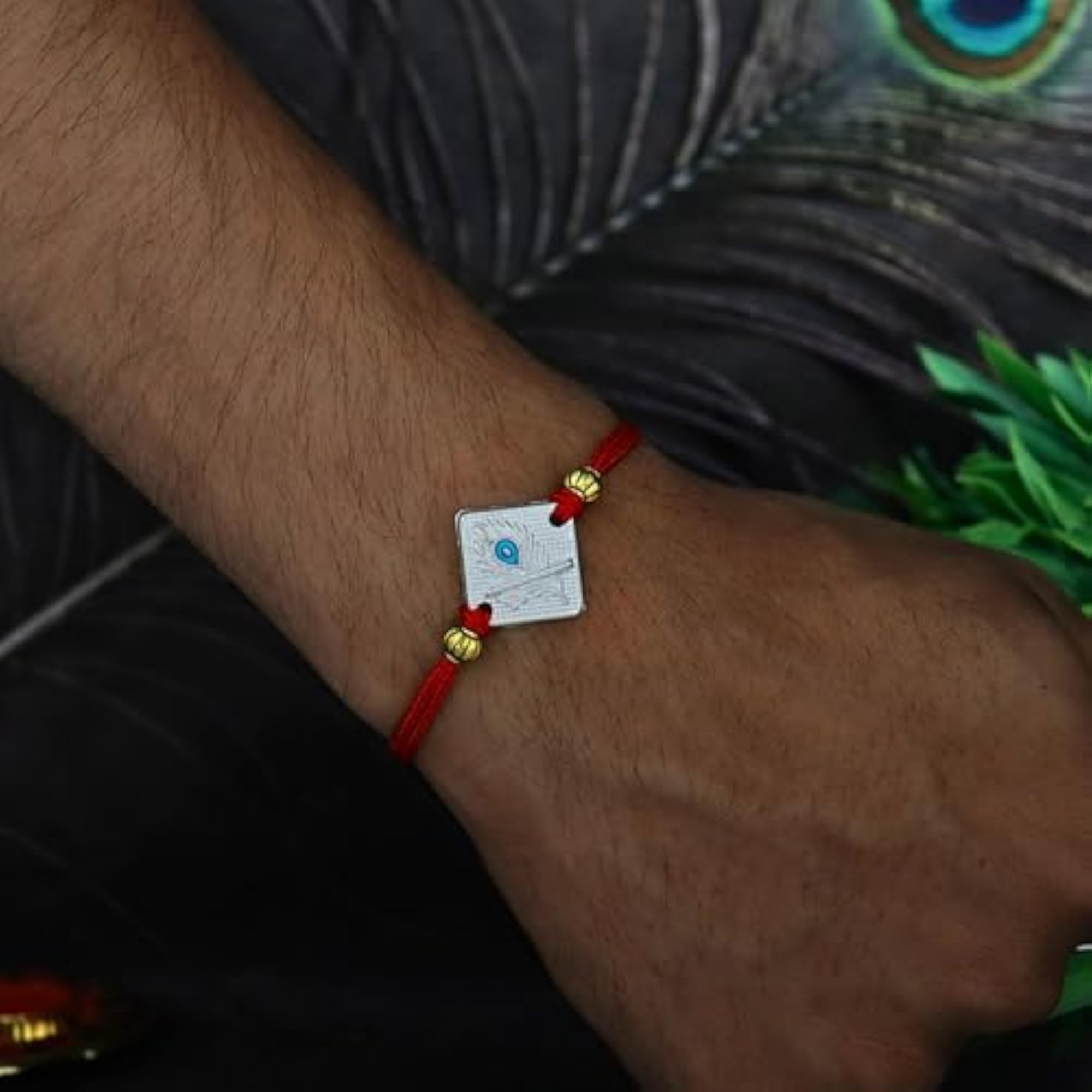 925 Sterling Silver Peacock Feather Rakhi with Red Thread