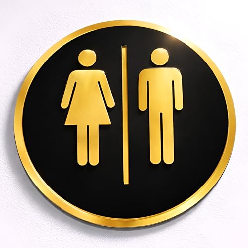 Image of Men & Women Round Acrylic Signage Sticker - Self Adhesive Black Gold Restroom Sign for Office, Cafe, Hotel, Restaurant & Commercial Spaces - Waterproof Premium Label