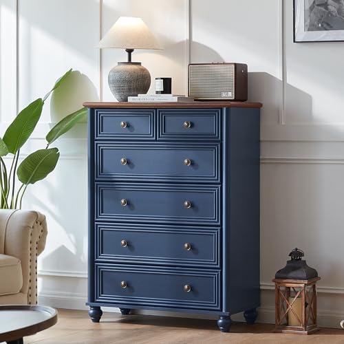 Farmhouse 6 Drawer Dresser Set of 2, Chest of Drawers for Bedroom, 43.5" Tall Blue Dresser with Roman Column, Rustic Wood Storage Dressers Organizer for Living Room, Hallway, Closet
