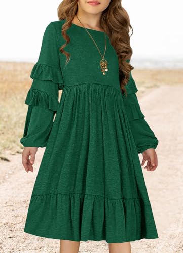 MITILLY Girls Boho Long Sleeve Dress Crewneck Ruffle Swing Casual Loose Flowy Tiered Midi Fall Winter Dress with Pockets2