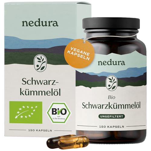 nedura BIO Schwarzkümmelöl Kapseln (ungefiltert) 150 Stück in veganer Kapsel BIO-Schwarzkümmel aus Ägypten in eigener Deutscher Manufaktur kaltgepresst & schonend verarbeitet 1000 mg Tagesdosis