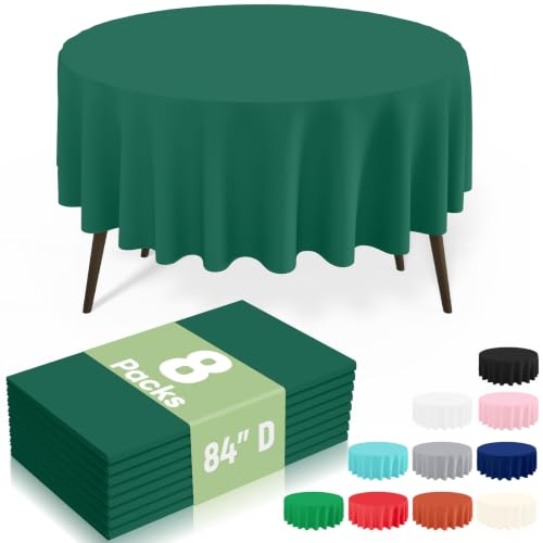 Image of misaya 8 Packs Disposable Plastic Table Cloth, 84 inch Round Waterproof Tablecloth, Leakproof & Sturdy Decorative Table Covers for Picnic, Party, Outdoor and Back to School, Christmas Green