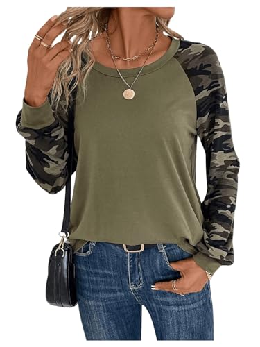Women's Camo Print Long Sleeve Tee Tops Casual Crewneck Tees Shirts Casual Fall T Shirt