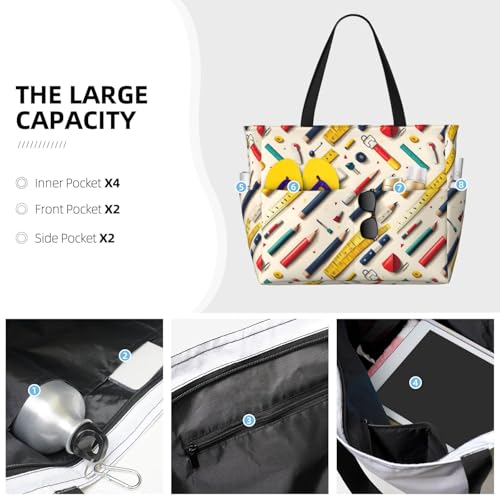Large Beach Bags for Women Sandproof - Colored Pens Ruler Print Summer Travel Work Tote Bags with Zipper3