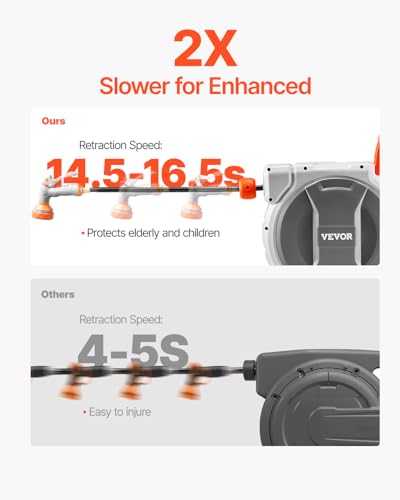 Image of VEVOR Retractable Garden Hose Reel, 1 /2 Inch x 145 ft Wall Mounted Hose Reel, Heavy Duty Garden Hose Reel with 9 Patterns Nozzle, Any Length Lock, Upgraded Slow Return System and 180Swivel Bracket | Heavy Duty Garden Tool with 9 Patterns Nozzle, Any Length Lock, Upgraded Slow Return System, 180 Swivel Bracket & PP Shell