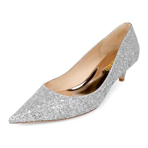 miss left Women Glittering Low Heels Closed Pointy Toe Sequined Pump Kitten Heel Slip On Wedding Bridal Dressy Shoes Size 4-16 US