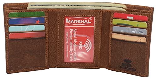 MARSHAL Marijuana Leaf Men's Real Leather RFID Blocking Trifold Wallet with Outside ID Window2