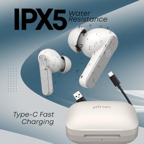 Image of pTron Bassbuds Gomax in-Ear TWS Earbuds w /Dual HD Mic & AI-ENC Calls, 36Hrs Playtime, Pristine Sound, 13mm Drivers, Bluetooth 5.3 Wireless Headphones, Voice Assist, Type-C Charging & IPX5 (Snow)