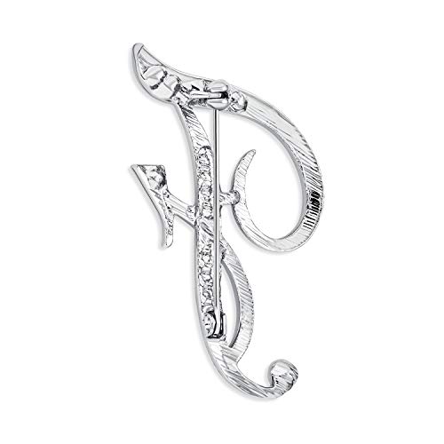 Image of Large Statement ABC Pave Crystal Cursive Script Monogram Letters Alphabet Initial F Scarf Lapel Pin Brooch For Women Silver Plated