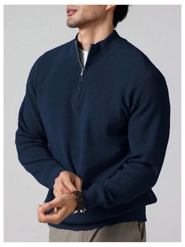 OYOANGLE Men's Quarter Zip Ribbed Sweaters Long Sleeve Mock Neck Slim Fit Pullover Golf Sweater Tops2