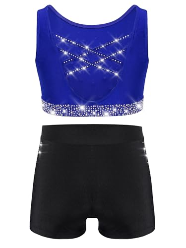 Kids Girls Gymnastics Dance Outfit Rhinestone Crop Vest Top Shorts Set Athletic Tracksuits for Yoga Blue Black 16 Years2