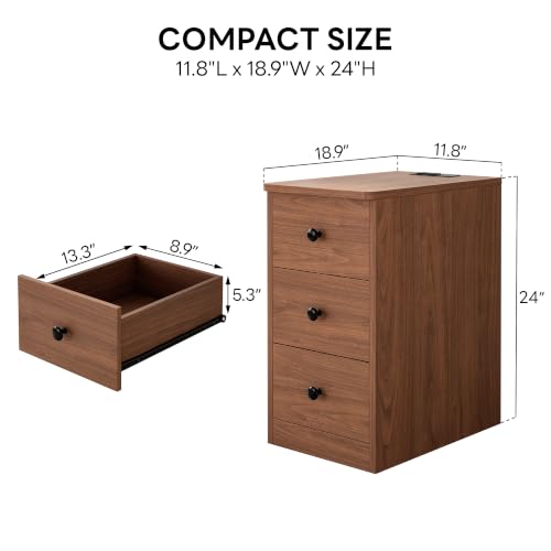 Image of LIKIMIO Nightstand with Charging Station, 3 Drawers Modern for Bedroom | Built-in 2 AC Outlets , Type-C, USB port; spacious storage; side table for living room /bedroom; easy assembly; Walnut