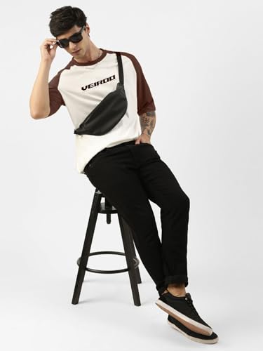 Image of Veirdo 100% Pure Cotton Oversized Loose Baggy Fit Drop Shoulder Round Neck Cool Front Chest Typographic Logo Printed Raglan Sleeve T-Shirt for Men (Colors: White, Black, Swanwhite, Beige & Grey)