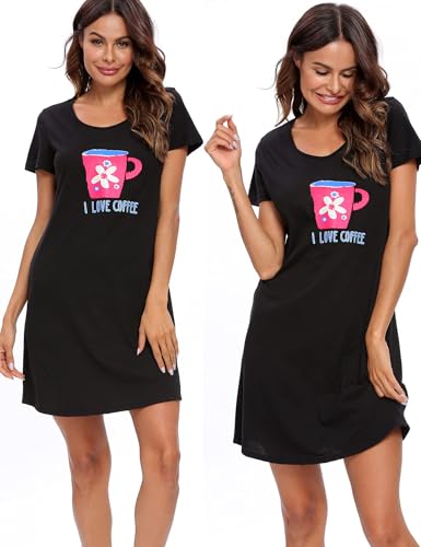 Image of ENJOYNIGHT Womens Cotton Nightgown Short Sleeve Sleepshirt Print Nightshirt | Short-Sleeve Crew Neck, Soft Cotton Fabric, Cartoon Printed Sleep Shirt, Loose Fit