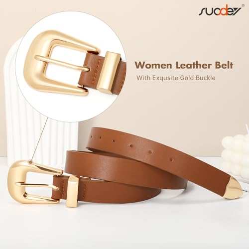 SUOSDEY Women Leather Belt for Jeans Pants, Ladies Waist Belt Western Belt with Gold Silver Buckle4