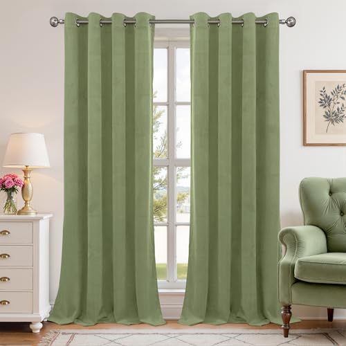 YoungsTex Sage Green Velvet Curtains for Living Room, 84 Inches Long Drapes with Grommet Thermal Insulated Window Treatments Privacy for Dining Bedroom, 2 Panels, 52 X 84 Inch