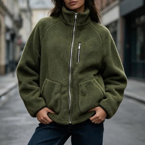 XOGWVJ Womens Full Zip Sherpa Fleece Jacket Stand Collar Warm Soft Coat Chest Zip Pocket Casual Fall Winter Outerwear 2026 Long Winter Coats for Women Plus Size Army Green S - image 4