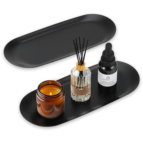 2Pcs Decorative Tray, Stainless Steel Small Black Tray, Oval Elegant Jewellery Trays Polished Finish, Mini Trinket Trays for Keys Jewelly Desserts Snack Coffee Bathroom