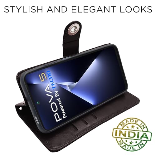 Image of Pikkme Tecno Pova 5 / Tecno Pova 5 Pro 5G Flip Cover Leather Finish | Inside TPU with Card Pockets | Wallet Stand and Shock Proof | Complete Protection Button Flip Case (Coffee)