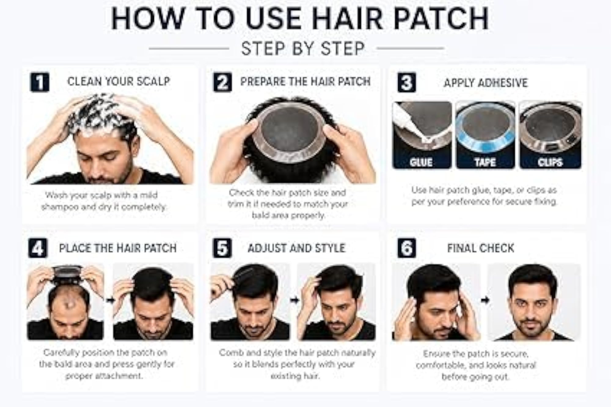 Men's 100% Original Human Hair Patch, Natural Black
