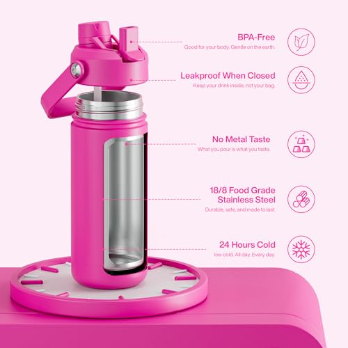 Image of ENCOOL Insulated Water Bottle with Straw Stainless Steel Water Bottle, Leak-Proof, BPA-Free, Double Wall Vacuum Keeps Cold for 24 Hours for Sports, Travel, School (18 oz, Persian Rose)
