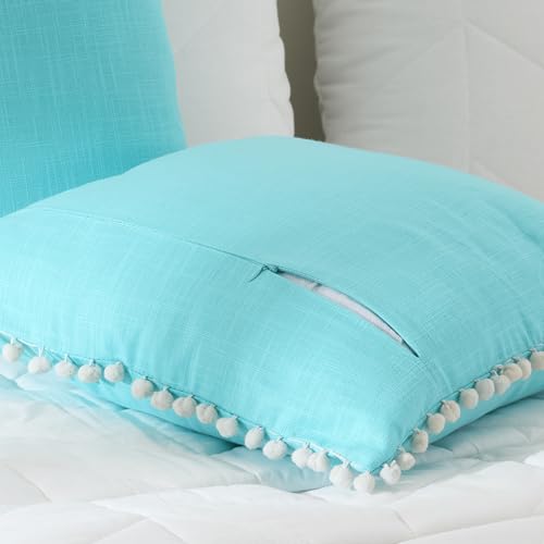 Image of 100% Cotton Pom Pom Cushion Without Filler, Elegant & Modern Cushion Cover for Living Room, Square Shape, 16 inchx16 inch, uni slub, Set of 2 - Baby Blue
