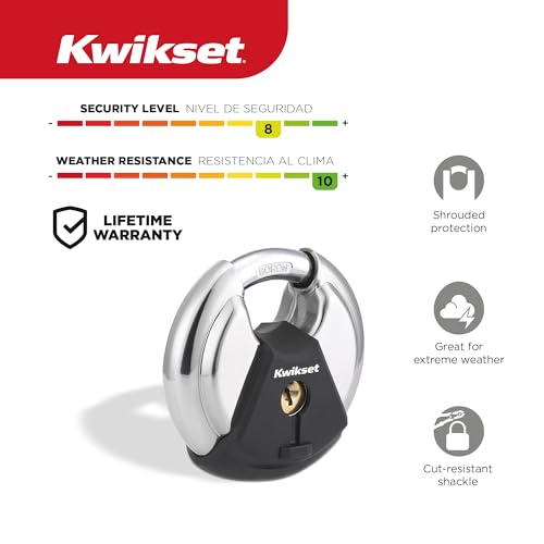 Kwikset Discus Padlock with Boron Carbide Shackle, 2-3/4" Body, 2-Pack | Shrouded Shackle Resists Bolt Cutters and Prying; Keyed Alike Pair for Gates, Sheds and Storage Lockers - image 2