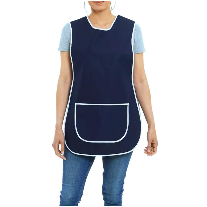 Womens Tabard Ladies Tabbard Home Work Kitchen Cleaning Chef Catering Cleaners Barbar Workwear Poly Cotton Overall White Piping Edge Apron Large Pocket Side Button Fastening (Navy,OS)